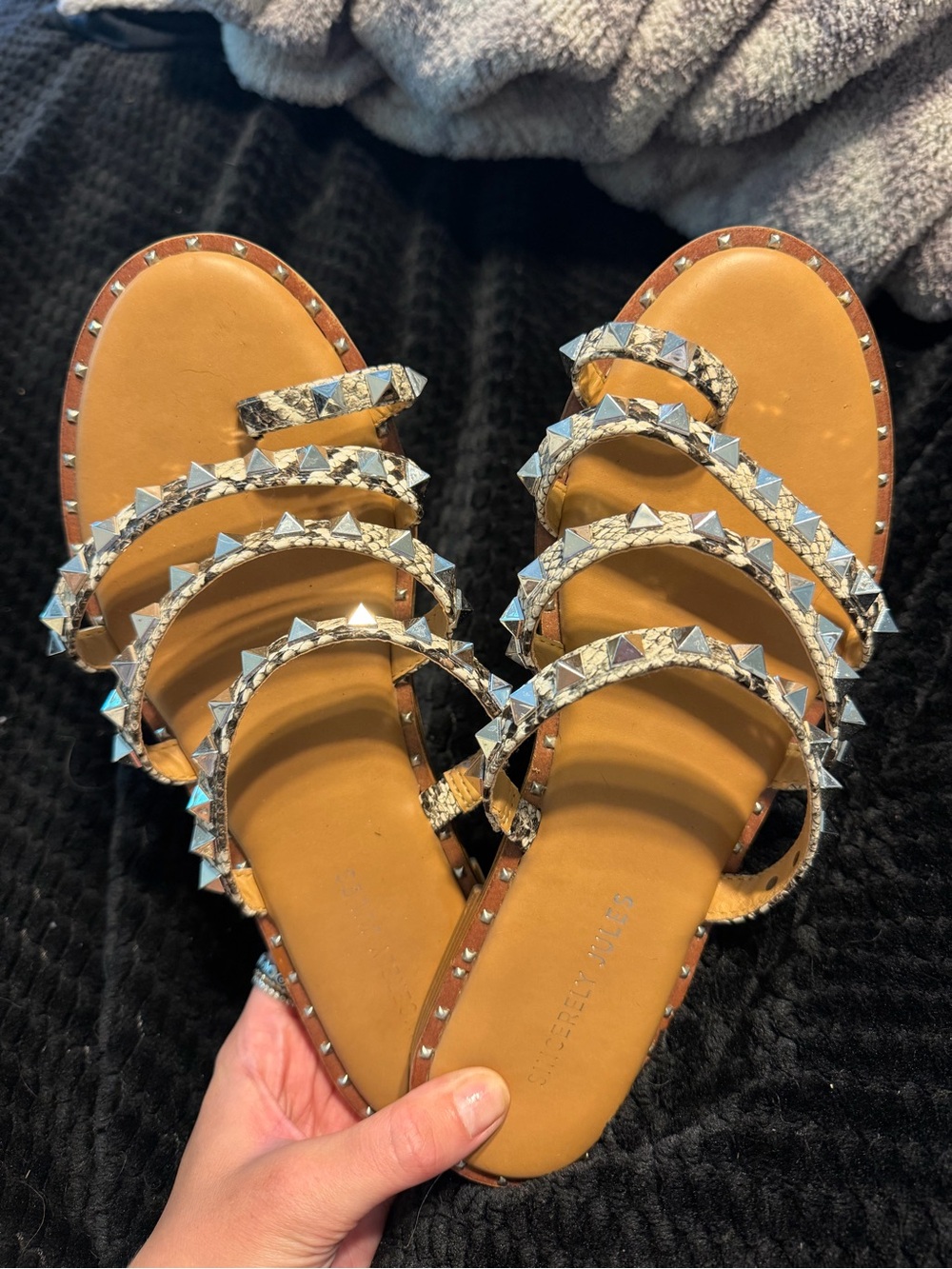 Sincerely Jules Tan Sandal Slides with Silver Pyramid Studs
